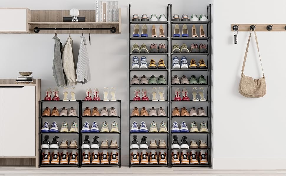 The Fiducial Home 10 Tiers Shoe Rack offers a sturdy, space-saving solution for organizing shoes, boots, and accessories. This durable, metal shoe rack is easy to assemble, providing a perfect storage solution for maximizing space and keeping your footwear neatly organized.