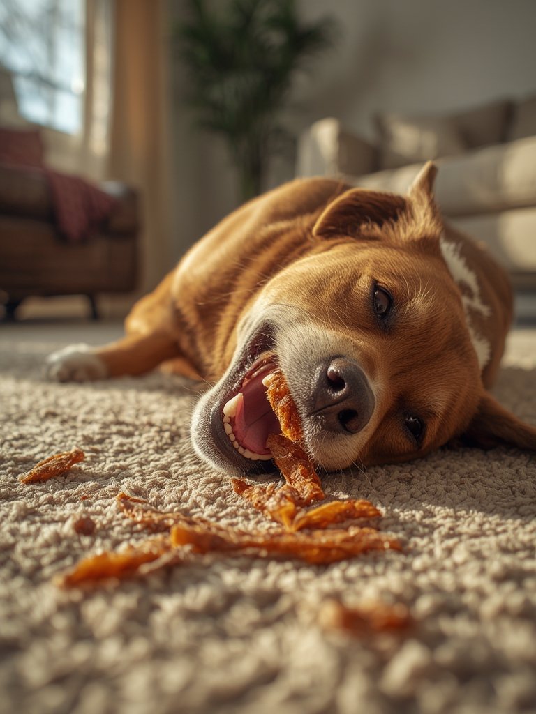 dog enjoying chewy dog snack Pur Luv chicken jerky