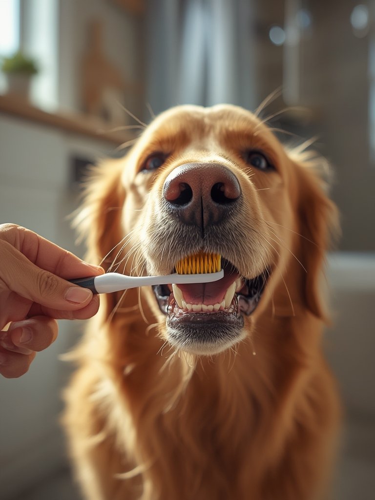 pet dental hygiene with dog toothpaste on brush