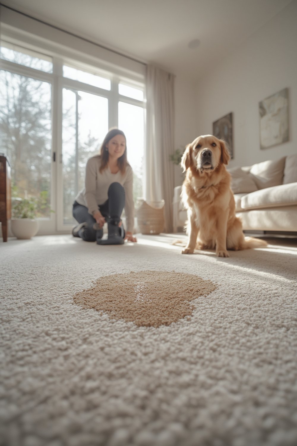 pet stains on beige carpet and a bottle of Bissell PET PRO OXY Spot & Stain Formula